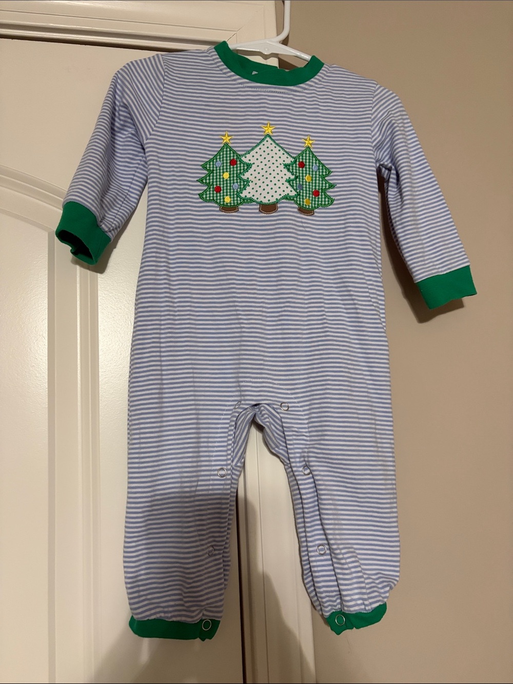 Trotter Street Kids Baby Striped Romper with Green Trim and Tree Applique